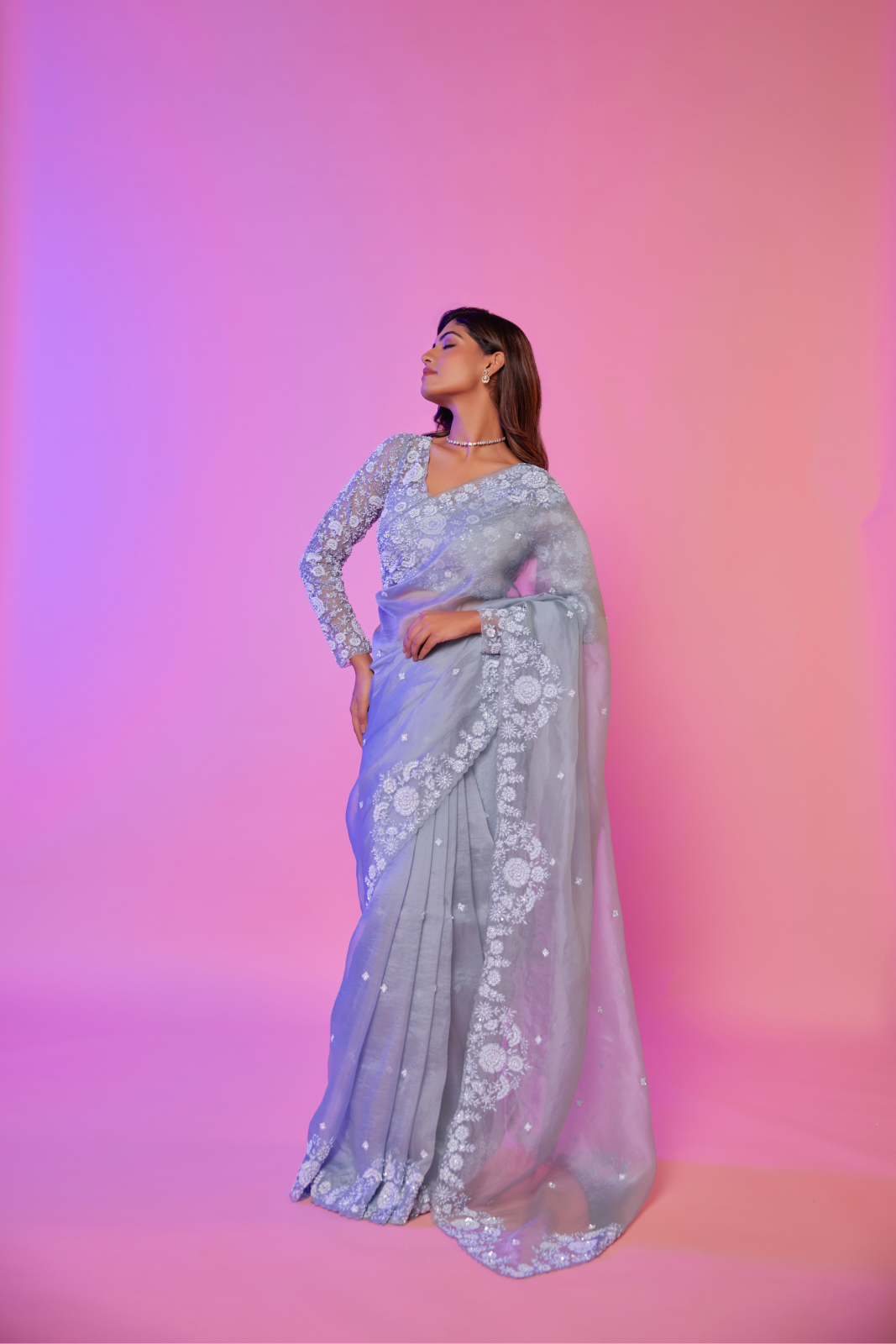 Sky blue silk organza embroidered Saree with full sleeve blouse