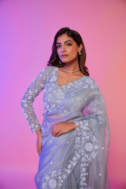 Sky blue silk organza embroidered Saree with full sleeve blouse