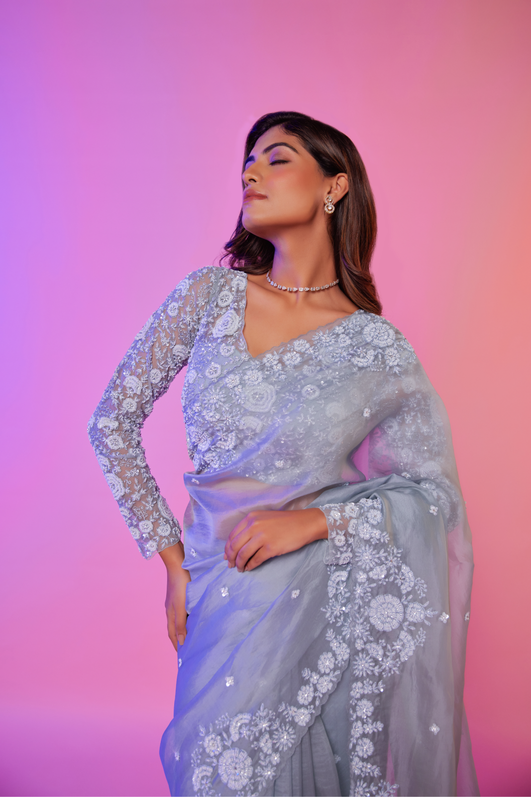 Sky blue silk organza embroidered Saree with full sleeve blouse