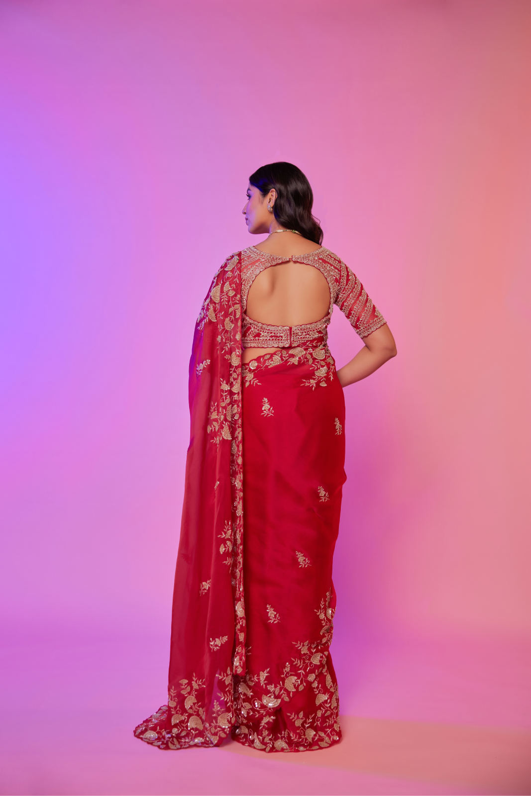 Rani pink organza beige embroidered Saree with elbow sleeve blouse