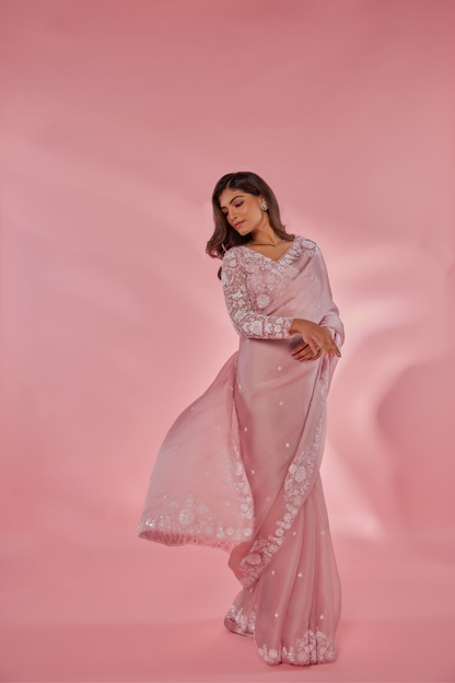 Pink silk organza embroidered Saree with full sleeve blouse