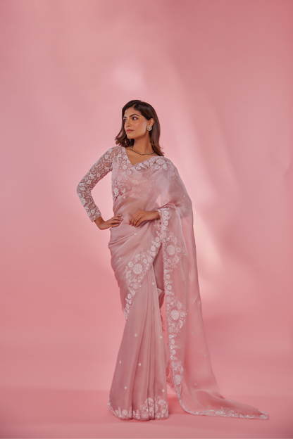 Pink silk organza embroidered Saree with full sleeve blouse