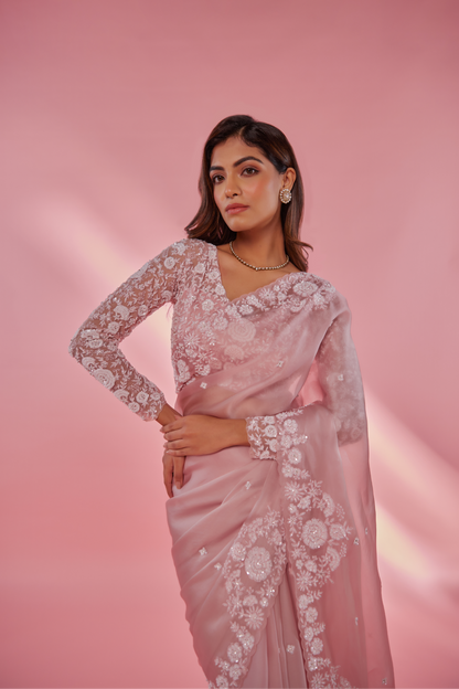 Pink silk organza embroidered Saree with full sleeve blouse