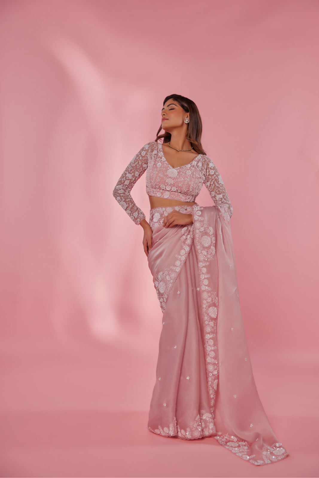 Pink silk organza embroidered Saree with full sleeve blouse