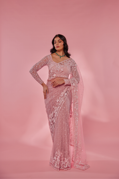 Pink net embroidered Saree with full sleeve blouse