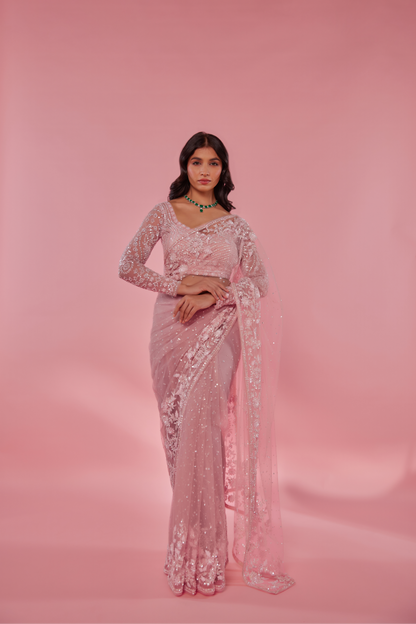 Pink net embroidered Saree with full sleeve blouse