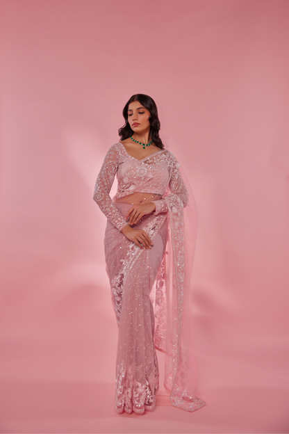 Pink net embroidered Saree with full sleeve blouse