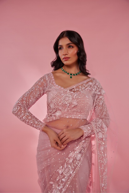 Pink net embroidered Saree with full sleeve blouse