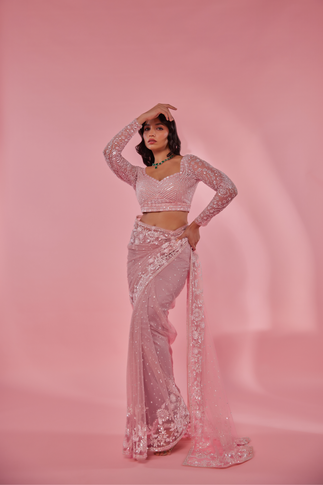 Pink net embroidered Saree with full sleeve blouse