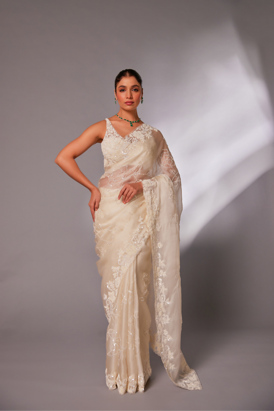 Off-white silk organza embroidered Saree with sleeveless blouse