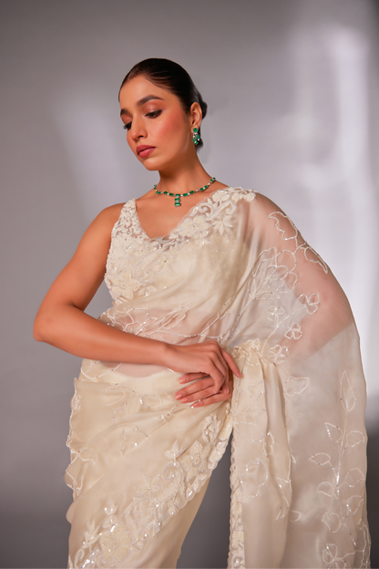 Off-white silk organza embroidered Saree with sleeveless blouse