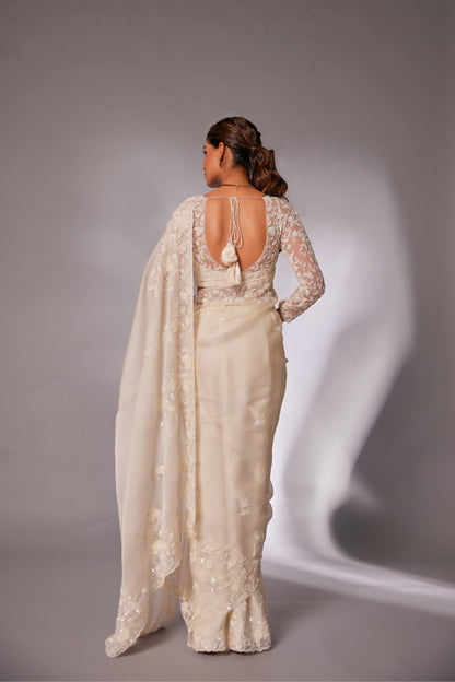 Off-white silk organza embroidered Saree with full sleeve blouse