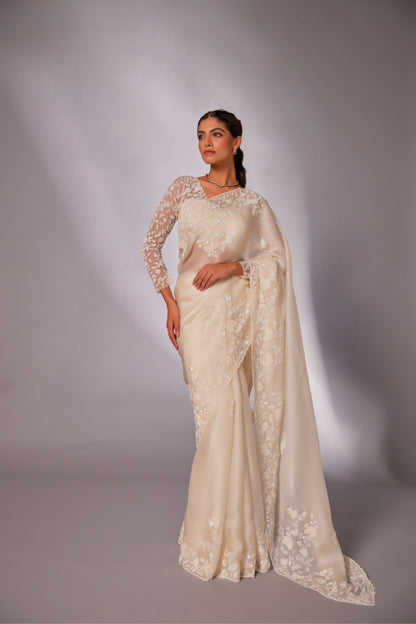 Off-white silk organza embroidered Saree with full sleeve blouse