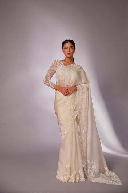 Off-white silk organza embroidered Saree with full sleeve blouse