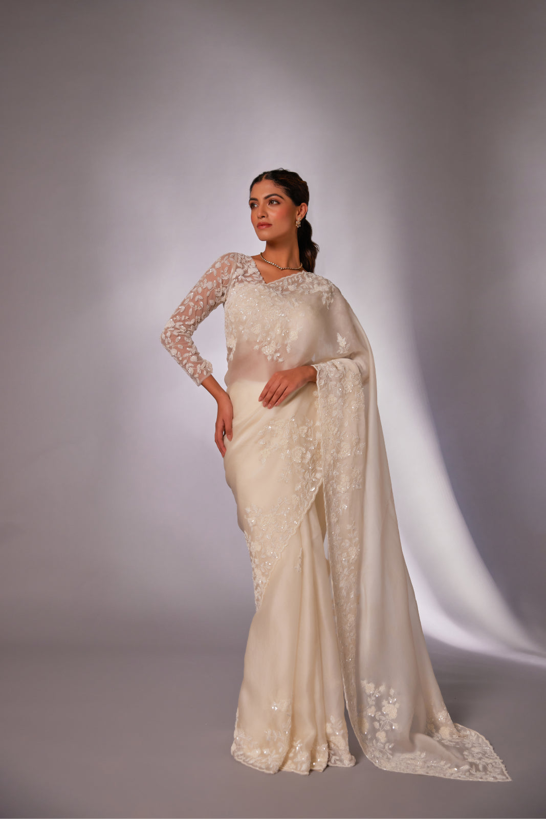 Off-white silk organza embroidered Saree with full sleeve blouse