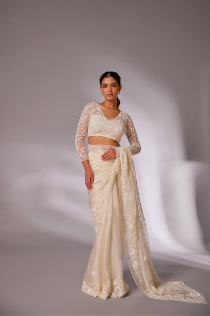 Off-white silk organza embroidered Saree with full sleeve blouse