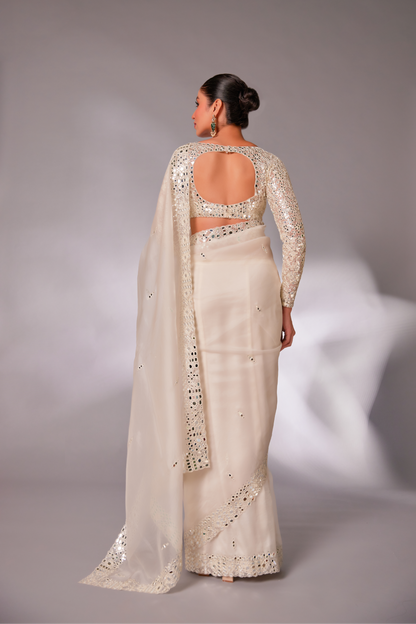 Off-white silk organza mirror embroidered Saree with full sleeve blouse