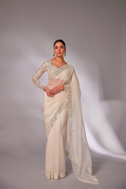 Off-white silk organza mirror embroidered Saree with full sleeve blouse