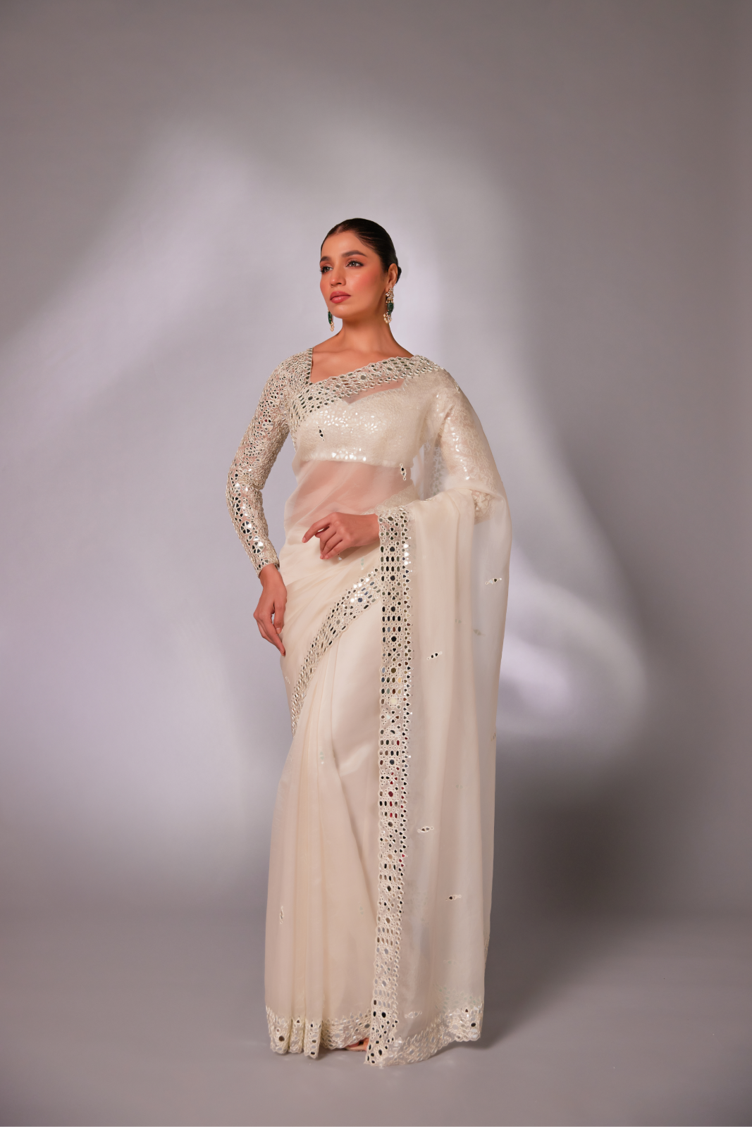 Off-white silk organza mirror embroidered Saree with full sleeve blouse