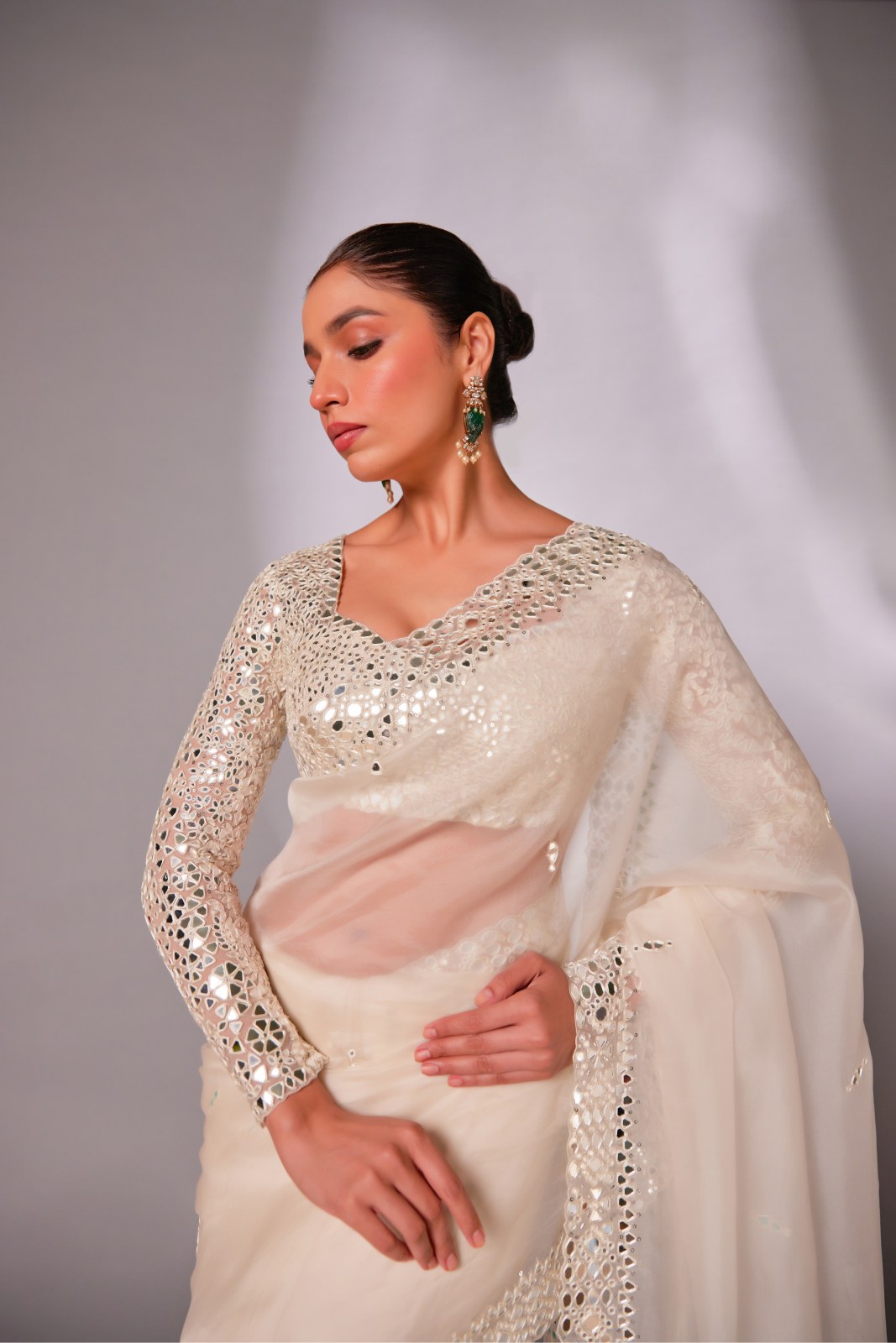 Off-white silk organza mirror embroidered Saree with full sleeve blouse