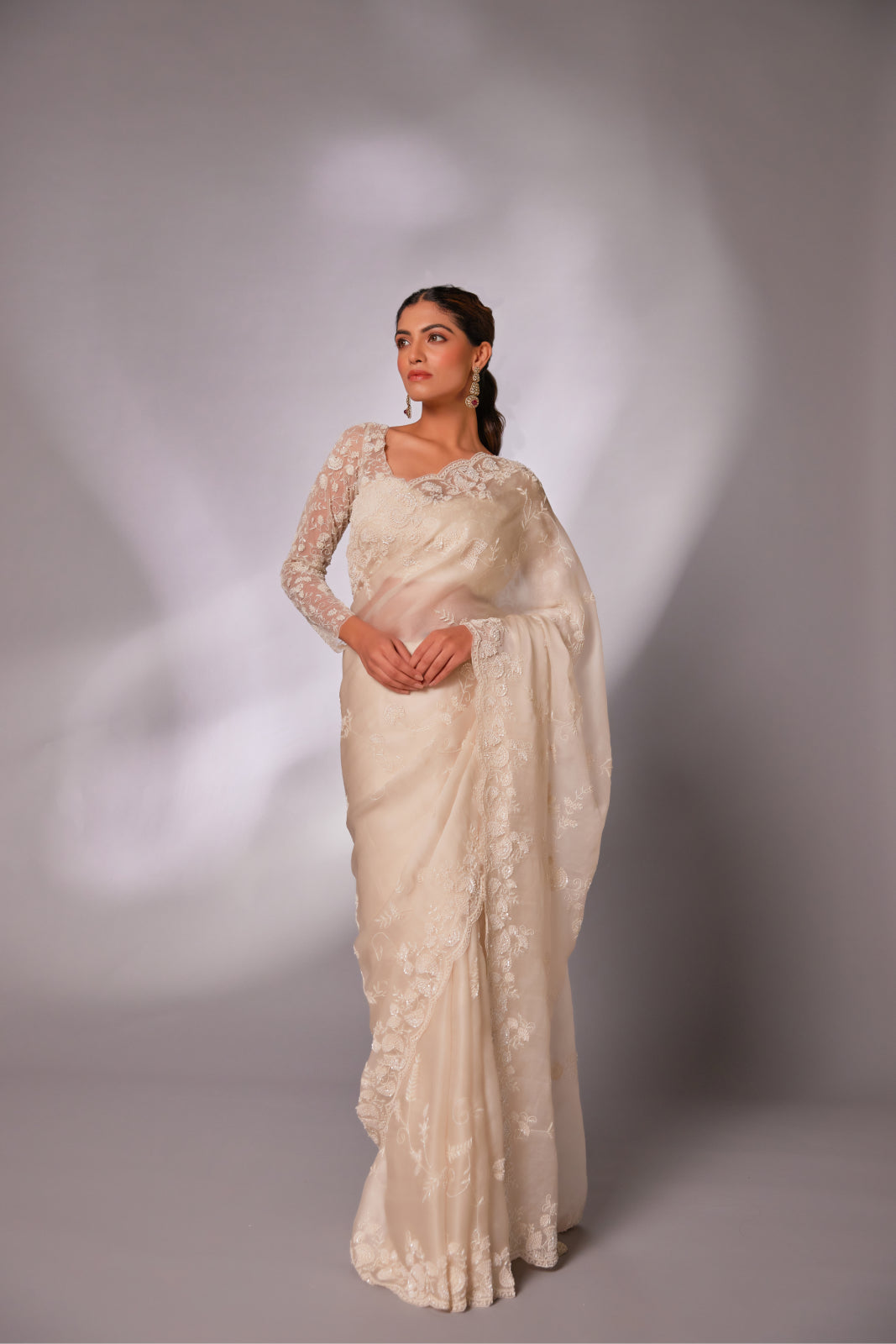 Off-white silk organza embroidered Saree with full sleeve blouse