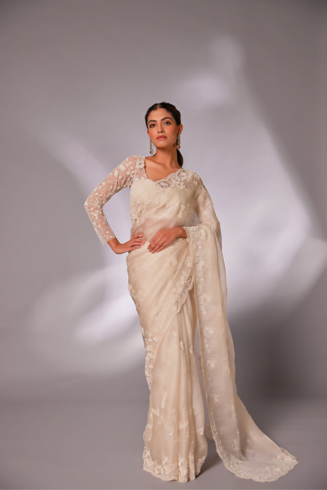 Off-white silk organza embroidered Saree with full sleeve blouse