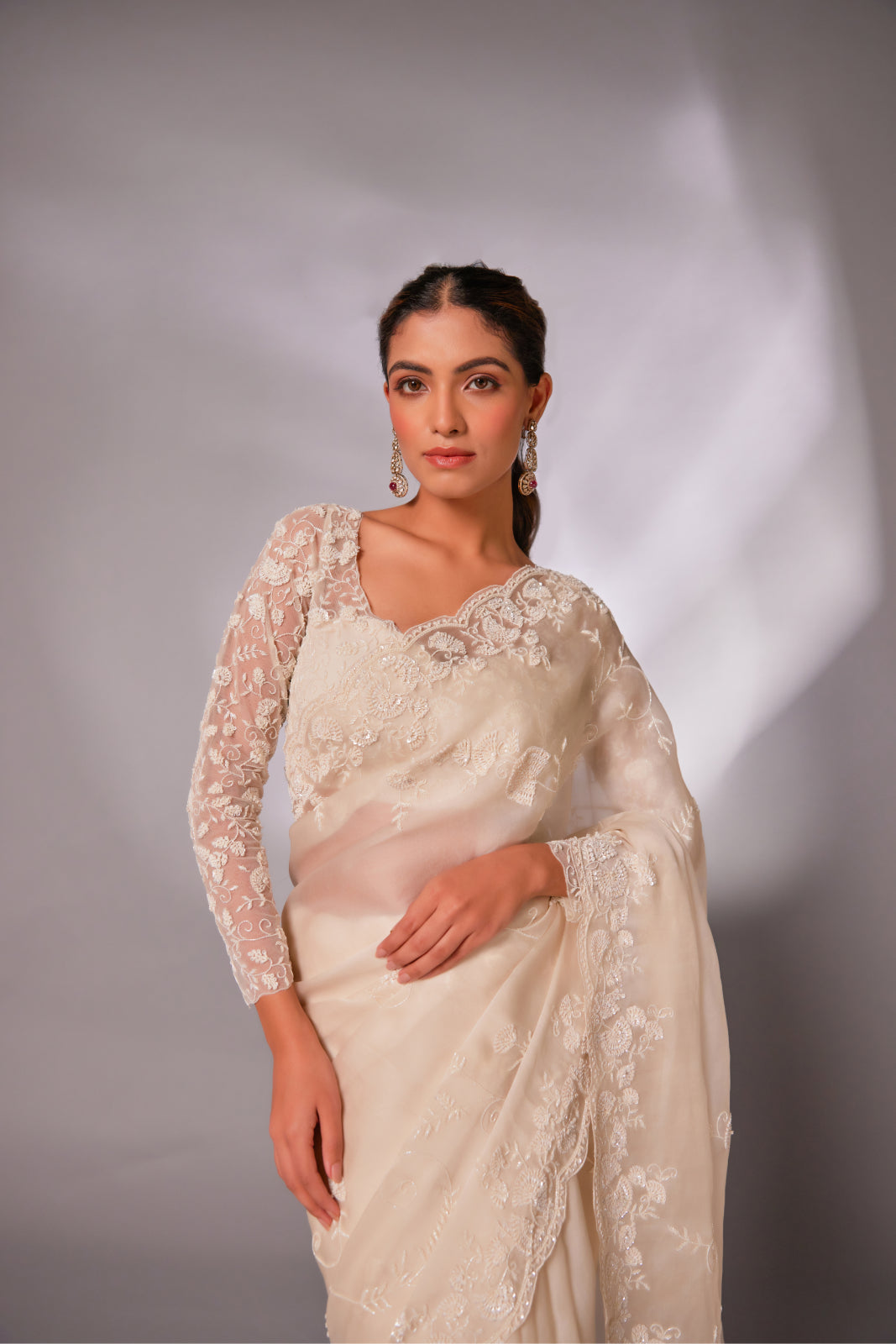 Off-white silk organza embroidered Saree with full sleeve blouse