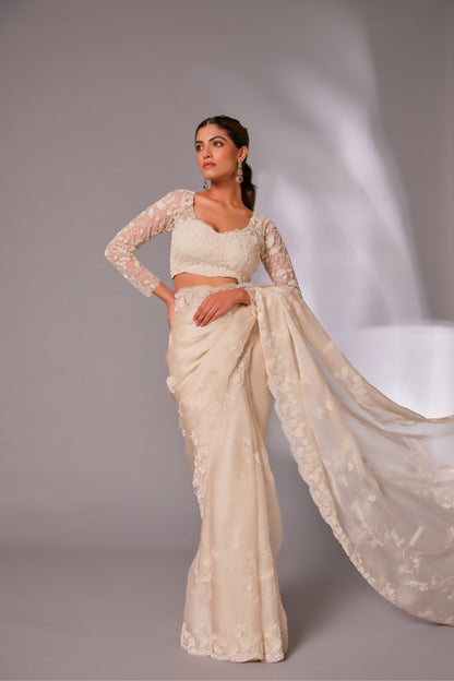 Off-white silk organza embroidered Saree with full sleeve blouse