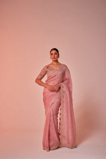 Pink silk organza embroidered Saree with multi-color elbow sleeve blouse