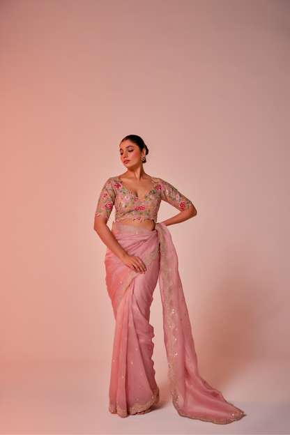 Pink silk organza embroidered Saree with multi-color elbow sleeve blouse