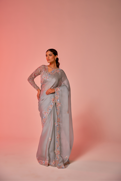 Soft blue silk organza multi-color embroidered Saree with full sleeve blouse