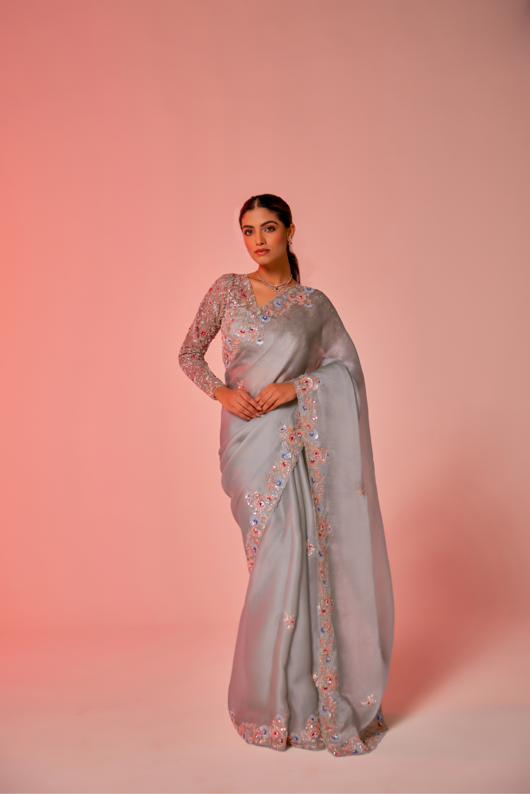 Soft blue silk organza multi-color embroidered Saree with full sleeve blouse