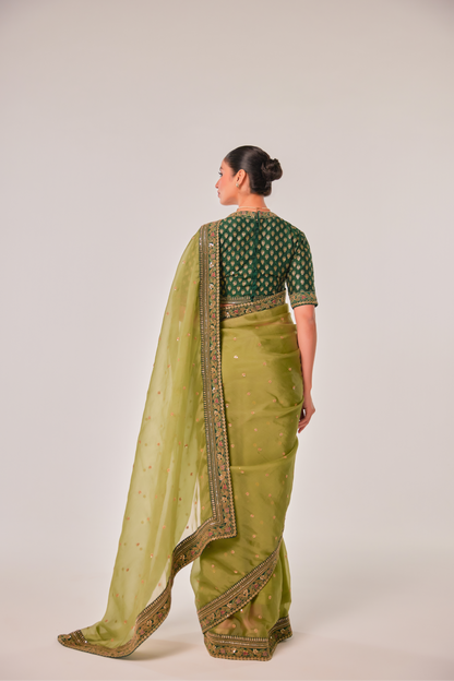 Olive silk organza embroidered Saree with elbow sleeve blouse