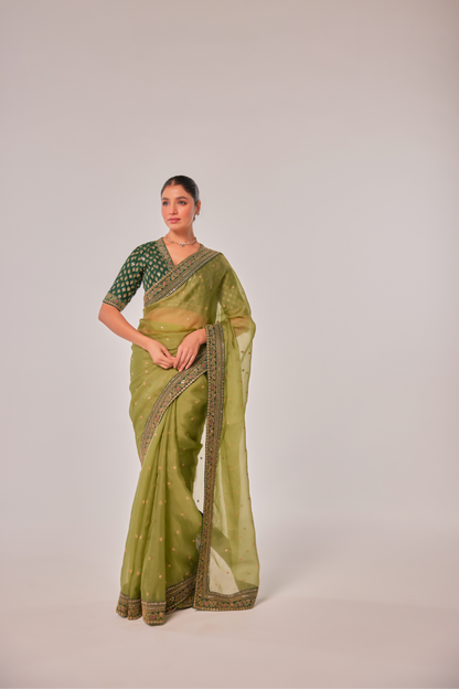 Olive silk organza embroidered Saree with elbow sleeve blouse