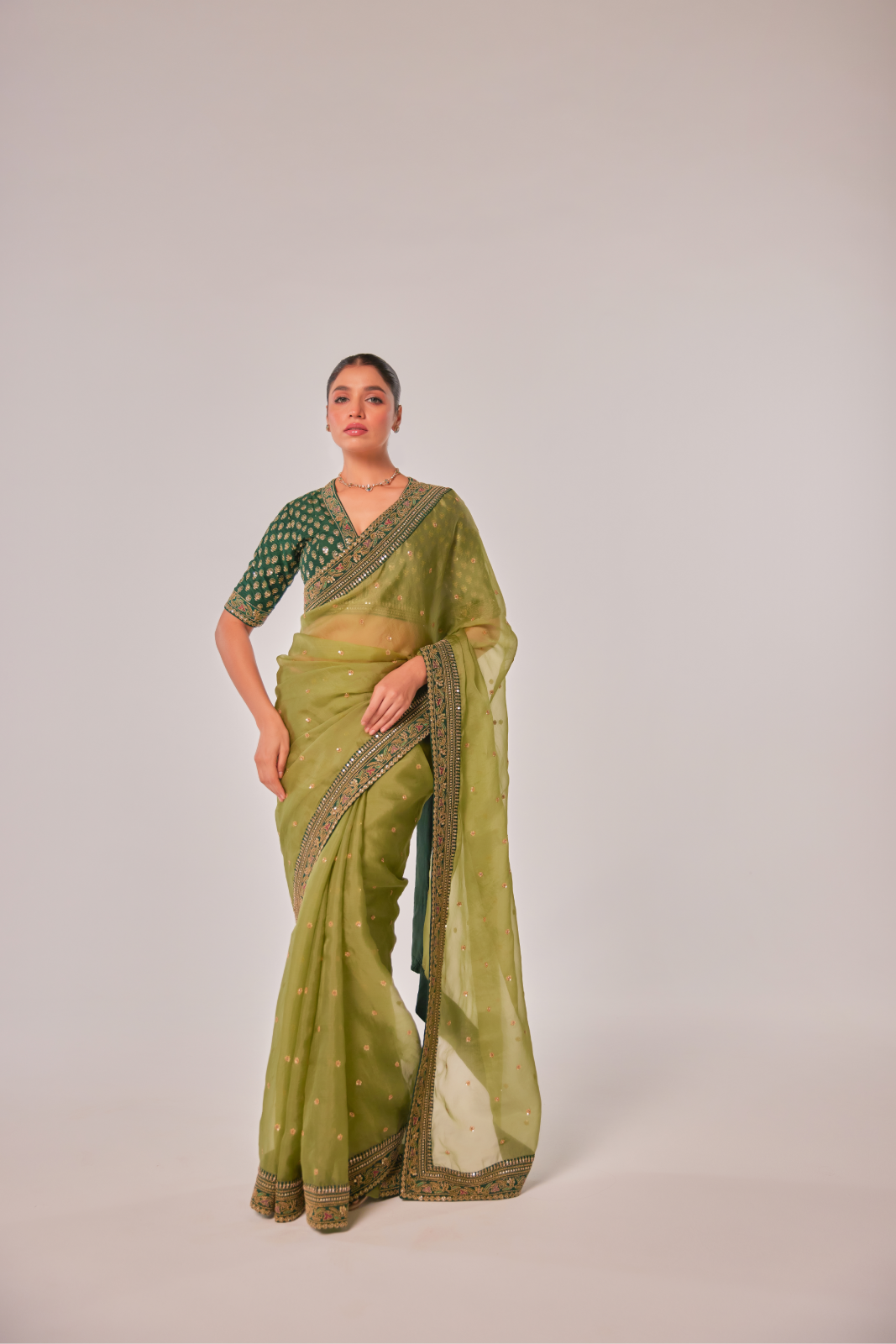 Olive silk organza embroidered Saree with elbow sleeve blouse