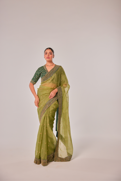 Olive silk organza embroidered Saree with elbow sleeve blouse