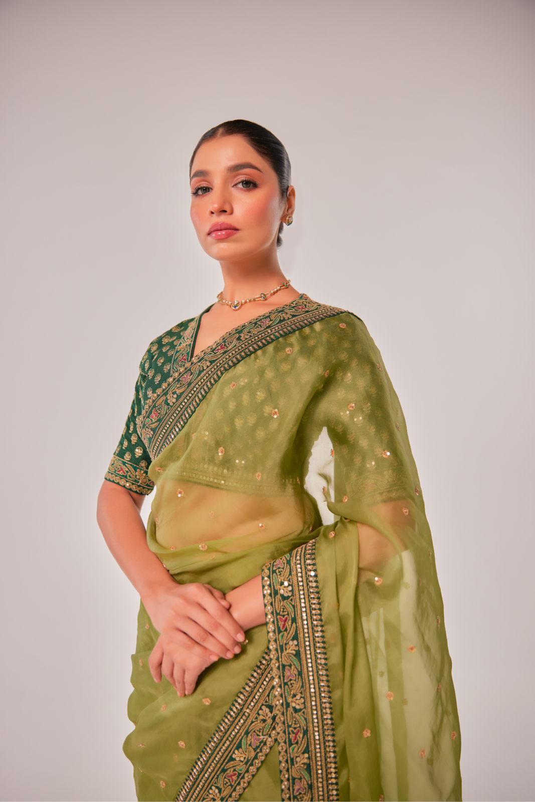 Olive silk organza embroidered Saree with elbow sleeve blouse