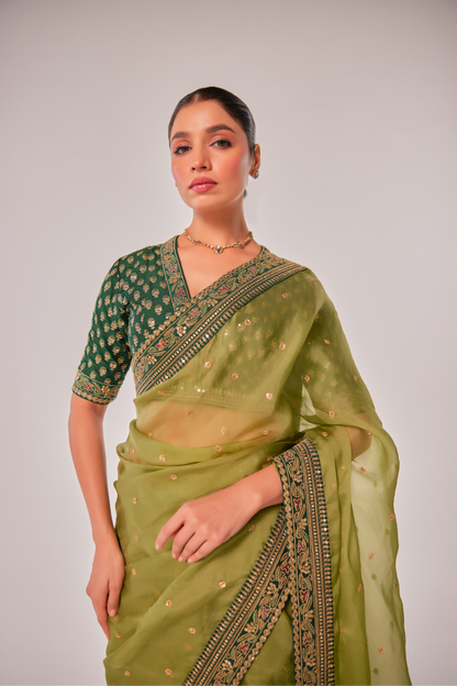 Olive silk organza embroidered Saree with elbow sleeve blouse