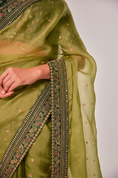 Olive silk organza embroidered Saree with elbow sleeve blouse