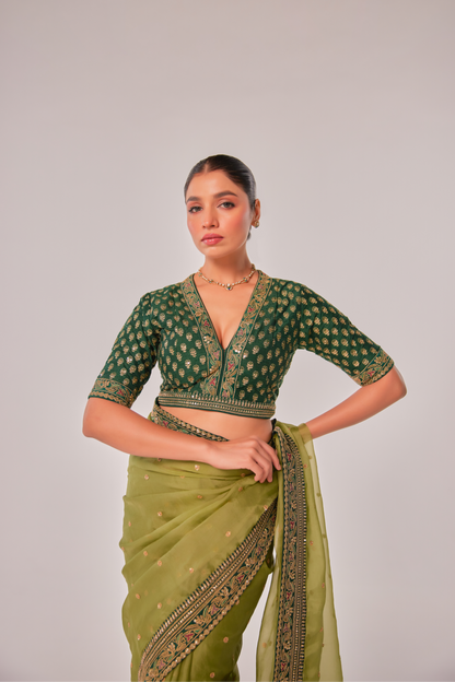 Olive silk organza embroidered Saree with elbow sleeve blouse