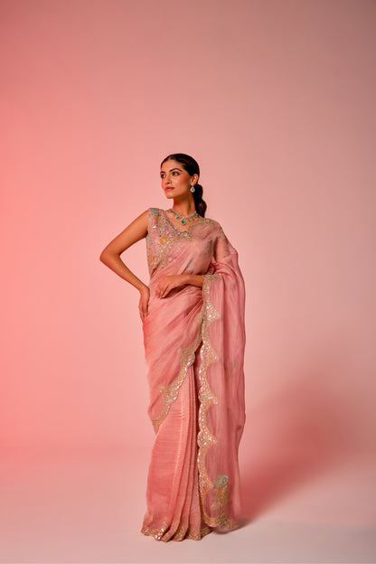 Gold hued pink crush tissue multi-color embroidered Saree with sleeveless blouse