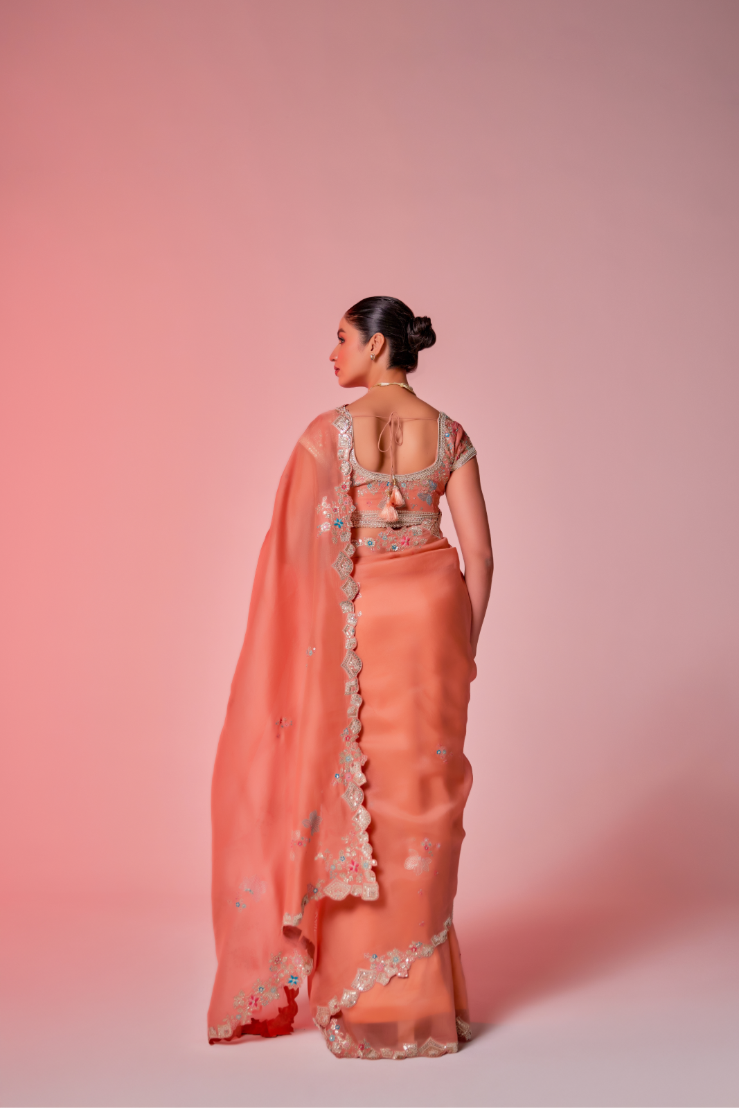 Salmon peach silk organza embroidered Saree with multi-color short sleeve blouse