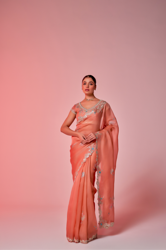 Salmon peach silk organza embroidered Saree with multi-color short sleeve blouse