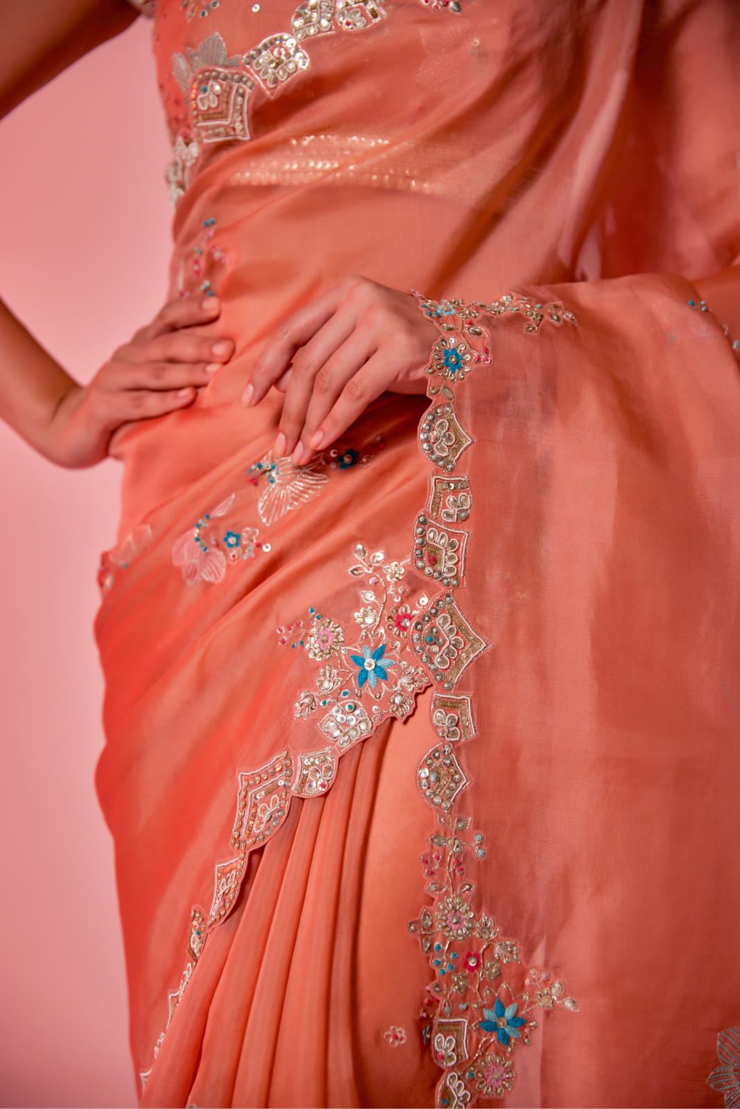 Salmon peach silk organza embroidered Saree with multi-color short sleeve blouse