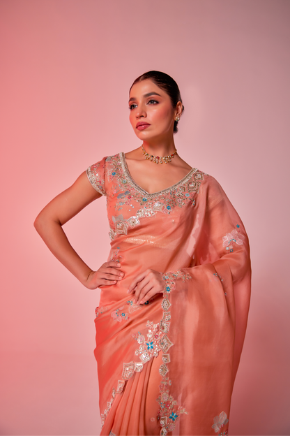 Salmon peach silk organza embroidered Saree with multi-color short sleeve blouse