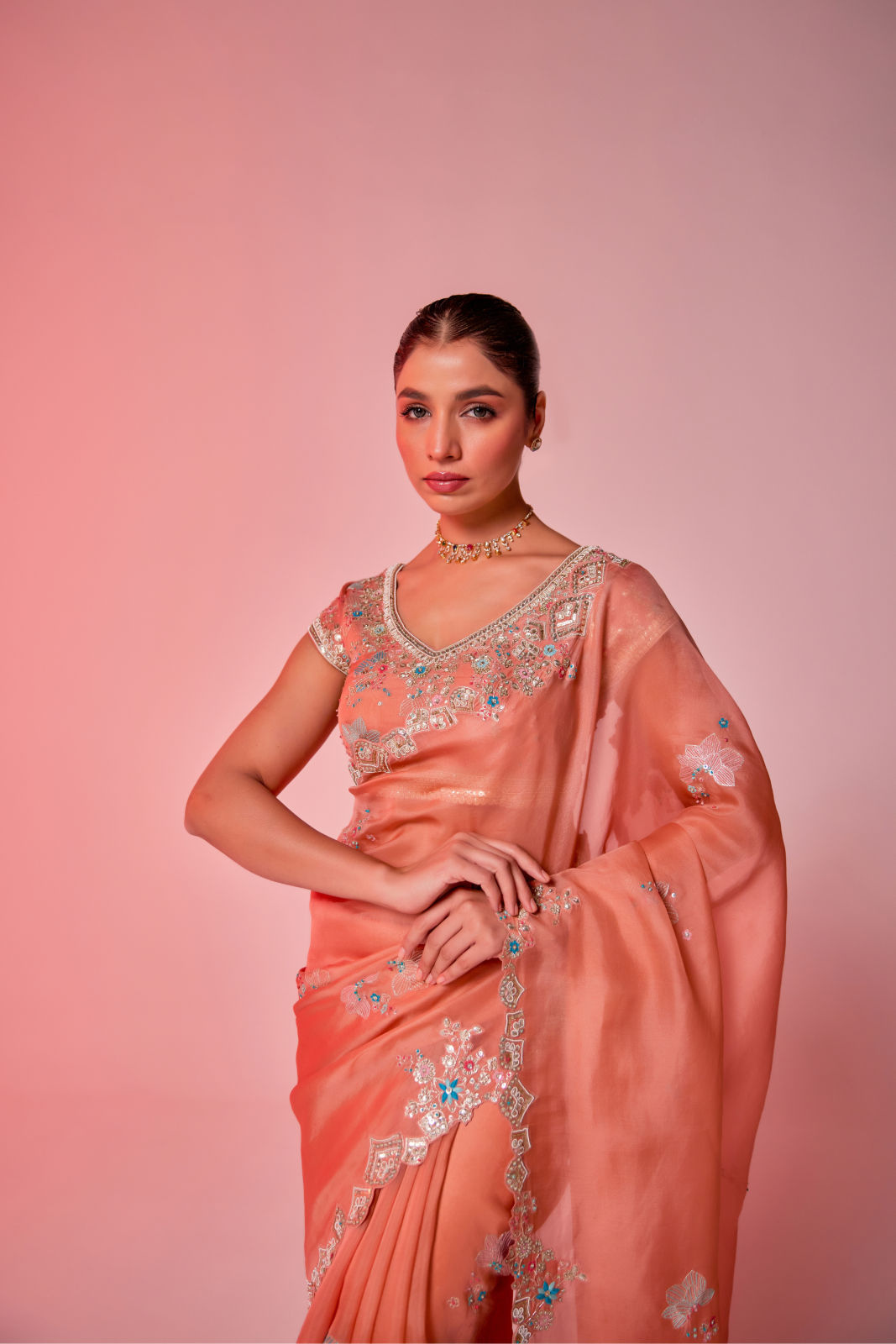 Salmon peach silk organza embroidered Saree with multi-color short sleeve blouse