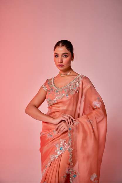 Salmon peach silk organza embroidered Saree with multi-color short sleeve blouse