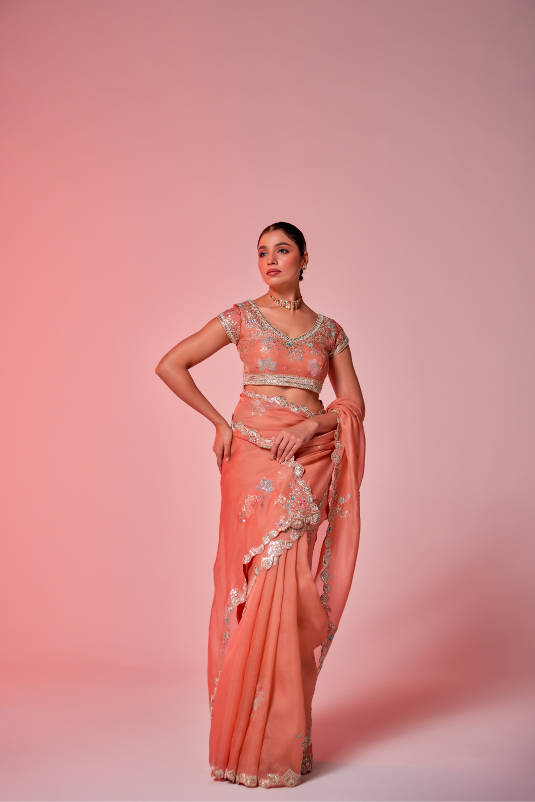 Salmon peach silk organza embroidered Saree with multi-color short sleeve blouse