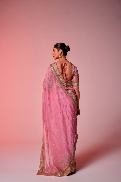Pink silk organza multi-color embroidered Saree with elbow sleeve blouse