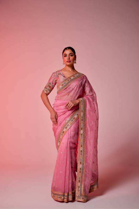 Pink silk organza multi-color embroidered Saree with elbow sleeve blouse